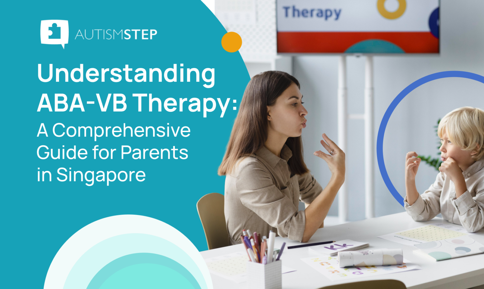 A banner of "Understanding ABA-VB Therapy" depicting a verbal behavior specialist giving verbal behavior therapy to a child.