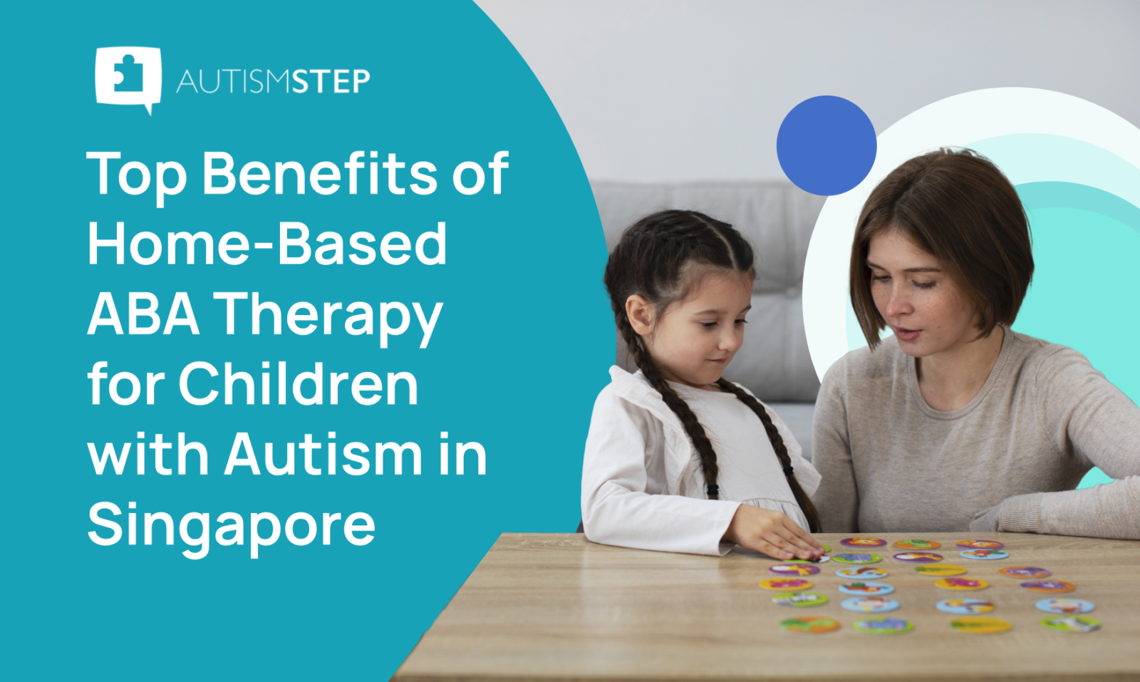 A banner for "Benefits Of Home-Based ABA Therapy" depicting a ABA therapist giving therapy to a child.