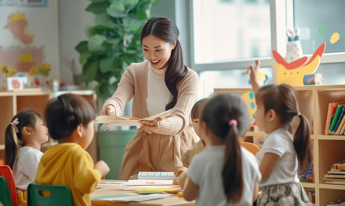 Teacher engaging young children in a bilingual classroom activity, promoting language development for kids with autism.