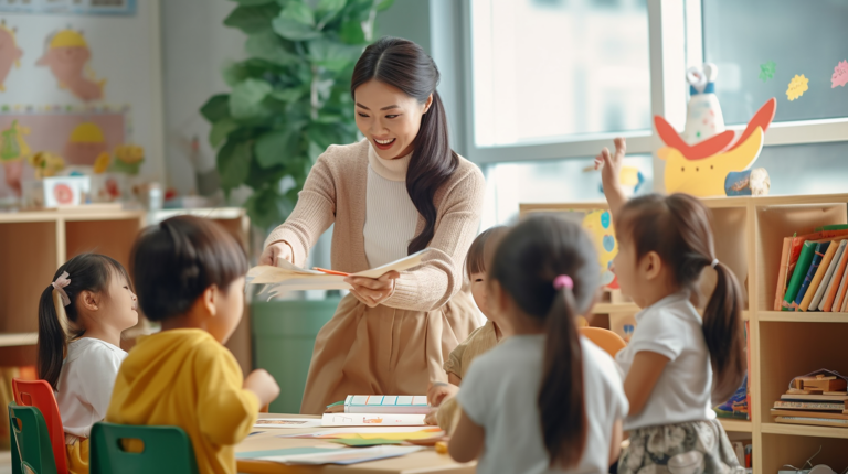 How Bilingual Therapy Supports Language Development In Children With Autism Teacher engaging young children in a bilingual classroom activity, promoting language development for kids with autism.