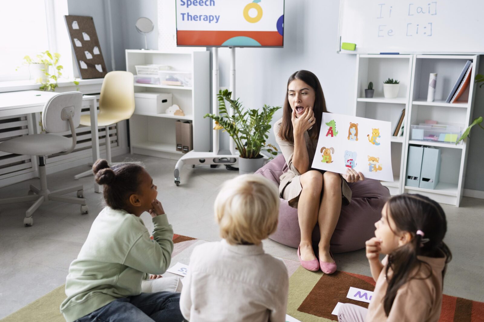 A speech therapist teaching pronunciation to a group of young children using visual flashcards during a speech therapy session, illustrating language development milestones at different ages.