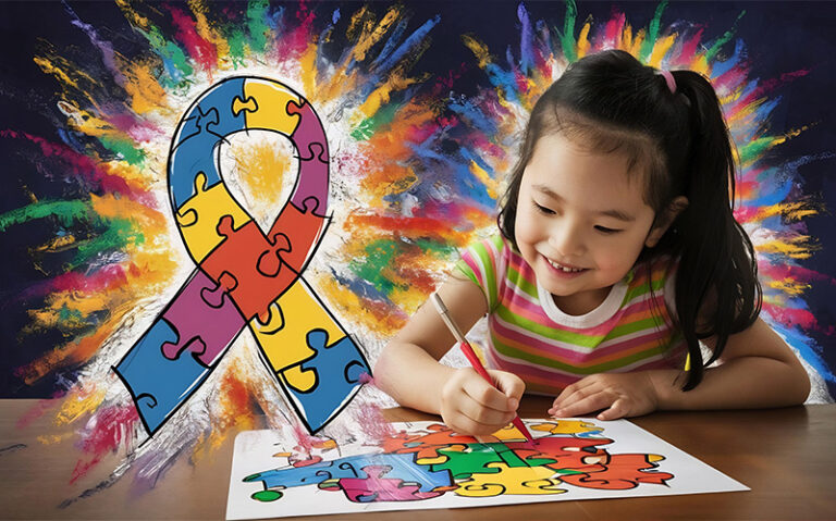 A young girl painting, showing world autism awareness day A young girl painting, showing world autism awareness day