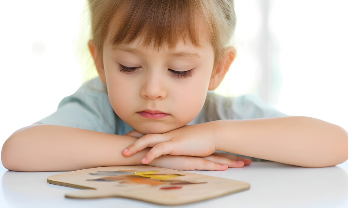 Young child focused on a puzzle, exhibiting potential autism traits.