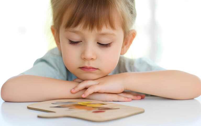 Young child focused on a puzzle, exhibiting potential autism traits.